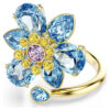 Anel Aberto Idyllia com Cortes Mistos, Flor, Azul, Banhado a Dourado