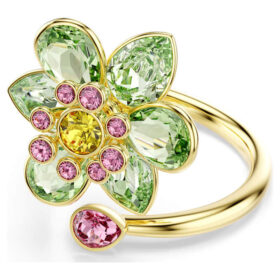 Anel Aberto Idyllia com Cortes Mistos, Flor, Verde, Banhado a Dourado Anel Aberto Idyllia com Cortes Mistos, Flor, Verde, Banhado a Dourado
