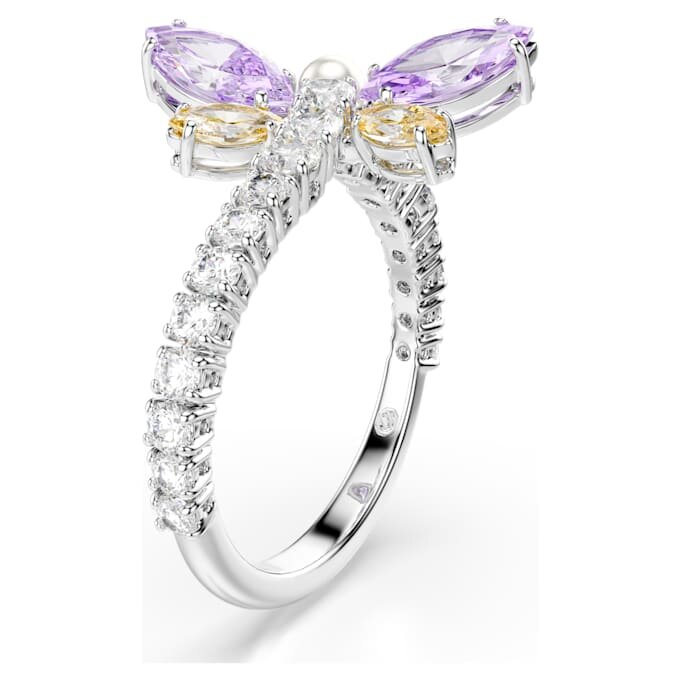 Anel com motivo Ariana Grande X Swarovski, cortes mistos, libélula, multicolorido, banhado a ródio Anel com motivo Ariana Grande X Swarovski, cortes mistos, libélula, multicolorido, banhado a ródio
