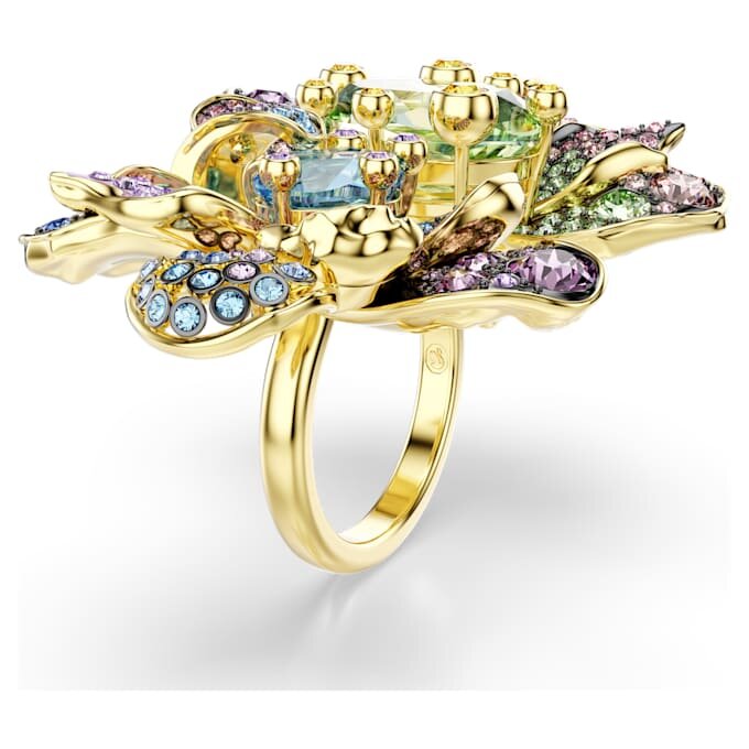 Anel Idyllia com cortes mistos, pavé, flor, multicolorido, banhado a dourado Anel Idyllia com cortes mistos, pavé, flor, multicolorido, banhado a dourado