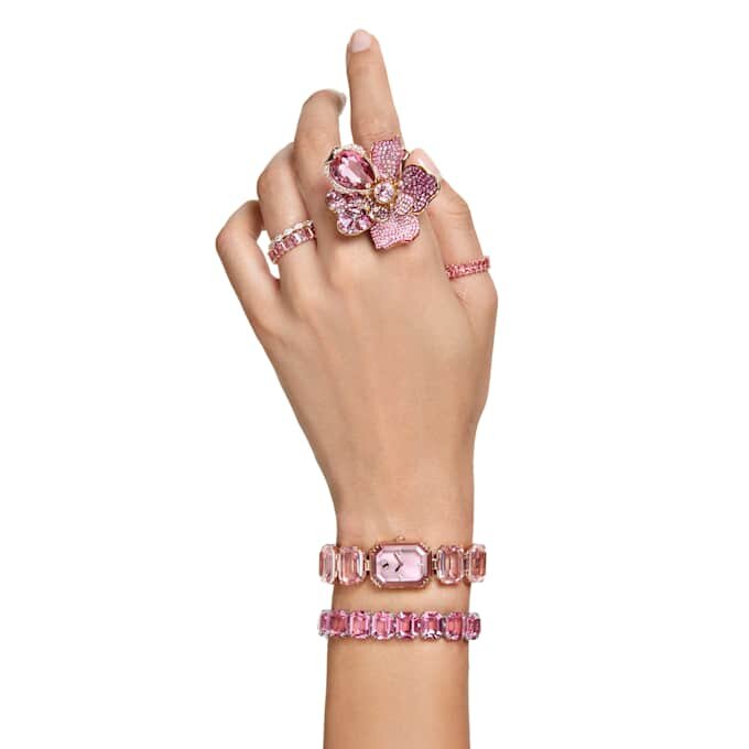 Pulseira-relógio com cristais de corte octogonal, cor-de-rosa, acabamento em tom de ouro rosa Pulseira-relógio com cristais de corte octogonal, cor-de-rosa, acabamento em tom de ouro rosa