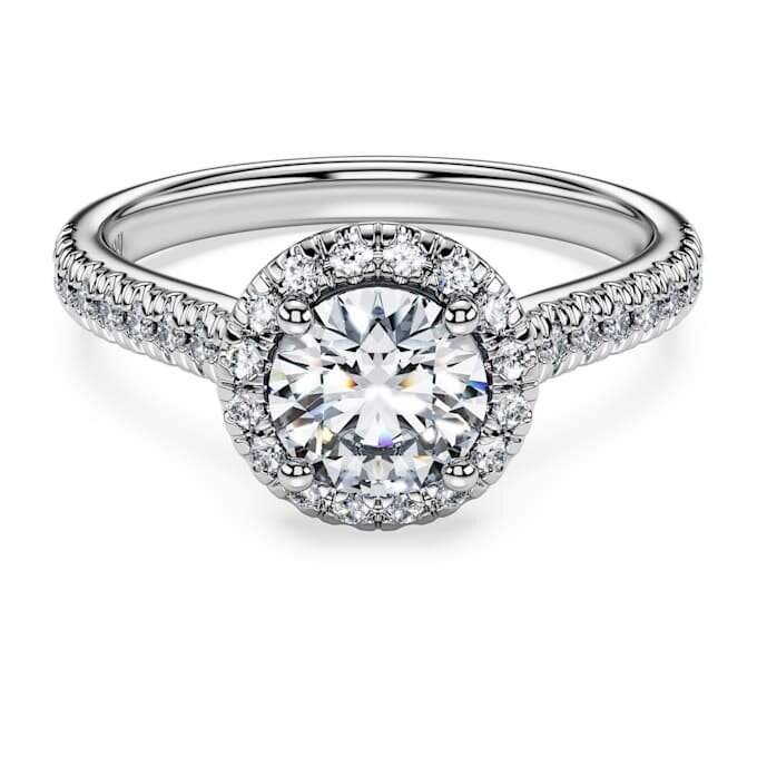 Anel Solitário Eternity Halo com diamantes cultivados em laboratório, 1,33 ct no total, forma redonda, ouro branco de 14K Anel Solitário Eternity Halo com diamantes cultivados em laboratório, 1,33 ct no total, forma redonda, ouro branco de 14K