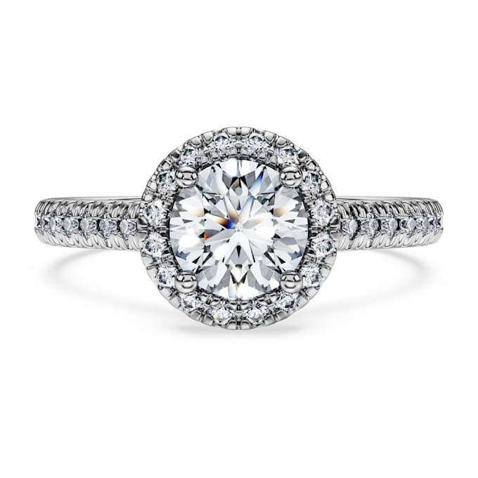 Anel Solitário Eternity Halo com diamantes cultivados em laboratório, 1,33 ct no total, forma redonda, ouro branco de 14K Anel Solitário Eternity Halo com diamantes cultivados em laboratório, 1,33 ct no total, forma redonda, ouro branco de 14K
