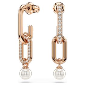 Brincos Constella Drop com Pérola de Cristal, Corte Redondo, Branco, Banho em Tom de Ouro-Rosa