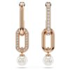 Brincos Constella Drop com Pérola de Cristal, Corte Redondo, Branco, Banho em Tom de Ouro-Rosa