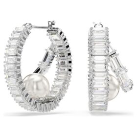 Brincos de argola Ariana Grande X Swarovski com pérola de cristal, corte baguete, brancos, banhados a ródio