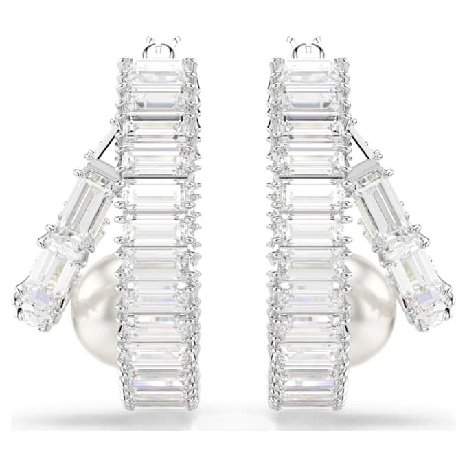 Brincos de argola Ariana Grande X Swarovski com pérola de cristal, corte baguete, brancos, banhados a ródio Brincos de argola Ariana Grande X Swarovski com pérola de cristal, corte baguete, brancos, banhados a ródio