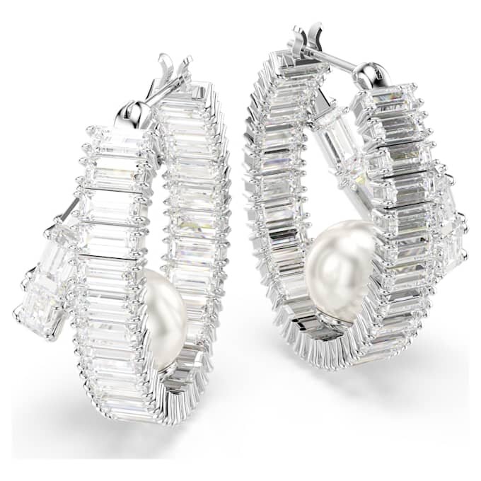 Brincos de argola Ariana Grande X Swarovski com pérola de cristal, corte baguete, brancos, banhados a ródio Brincos de argola Ariana Grande X Swarovski com pérola de cristal, corte baguete, brancos, banhados a ródio