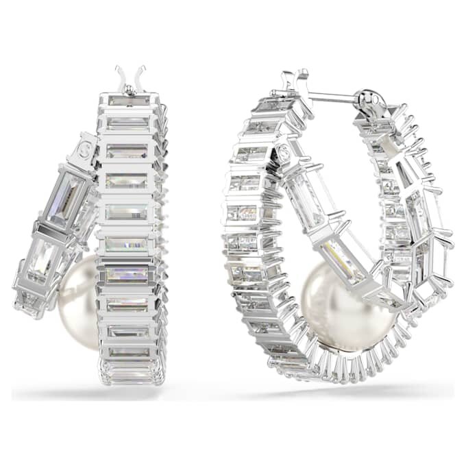 Brincos de argola Ariana Grande X Swarovski com pérola de cristal, corte baguete, brancos, banhados a ródio Brincos de argola Ariana Grande X Swarovski com pérola de cristal, corte baguete, brancos, banhados a ródio