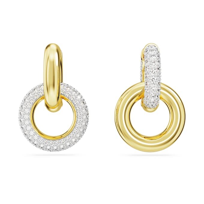 Brincos de argola Dextera com design assimétrico, argolas entrelaçadas, brancos, banhados a dourado Brincos de argola Dextera com design assimétrico, argolas entrelaçadas, brancos, banhados a dourado