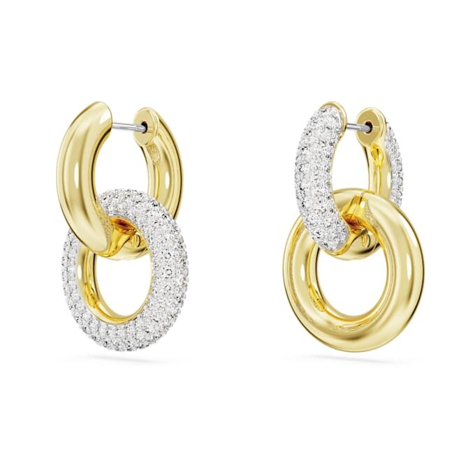 Brincos de argola Dextera com design assimétrico, argolas entrelaçadas, brancos, banhados a dourado Brincos de argola Dextera com design assimétrico, argolas entrelaçadas, brancos, banhados a dourado
