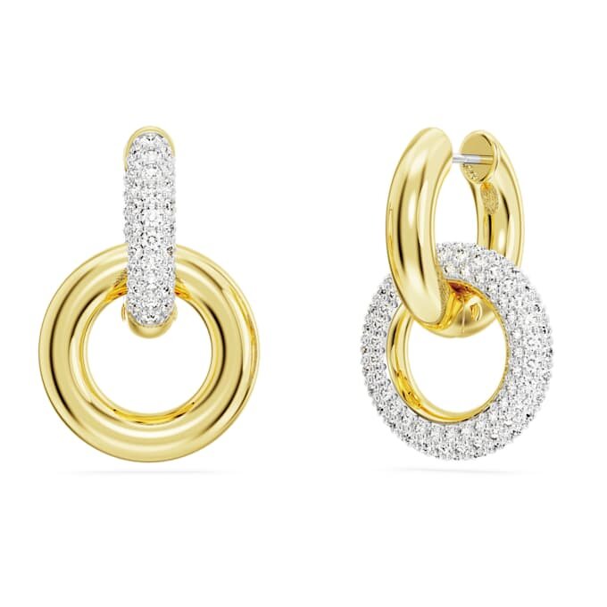 Brincos de argola Dextera com design assimétrico, argolas entrelaçadas, brancos, banhados a dourado Brincos de argola Dextera com design assimétrico, argolas entrelaçadas, brancos, banhados a dourado