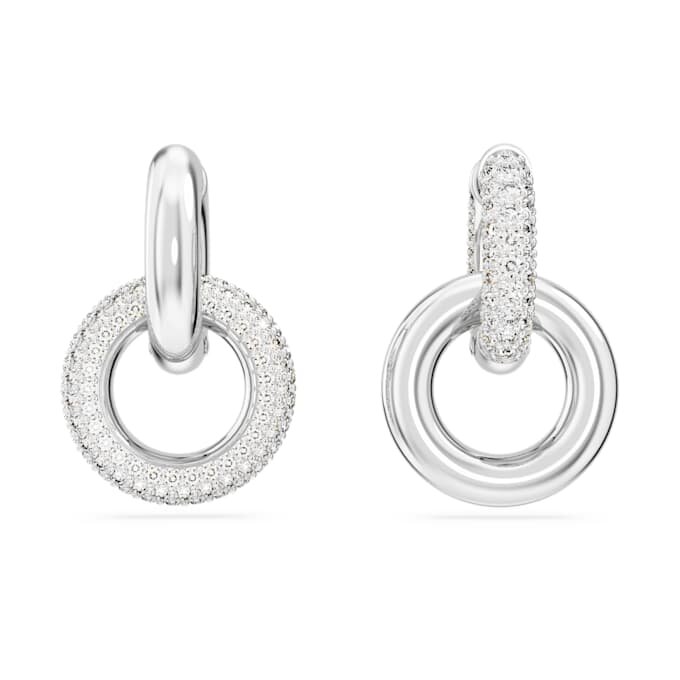 Brincos de argola Dextera com design assimétrico, argolas entrelaçadas, brancos, banhados a ródio Brincos de argola Dextera com design assimétrico, argolas entrelaçadas, brancos, banhados a ródio