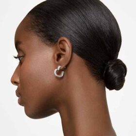 Brincos de argola Matrix com corte baguete, em forma de coração, pequenos, brancos, banhados a ródio
