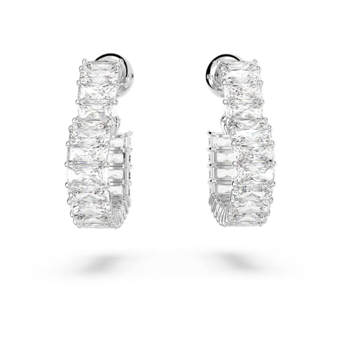 Brincos de argola Matrix com corte baguete, em forma de coração, pequenos, brancos, banhados a ródio Brincos de argola Matrix com corte baguete, em forma de coração, pequenos, brancos, banhados a ródio
