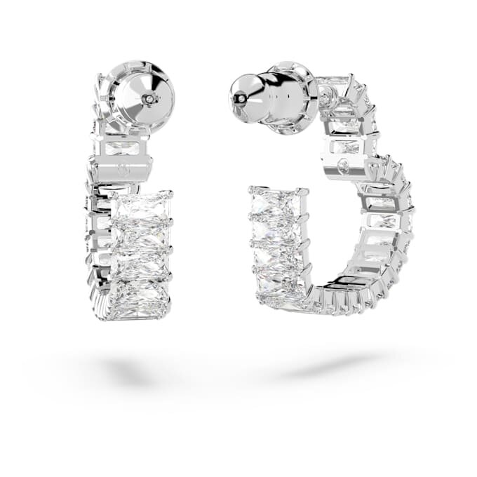 Brincos de argola Matrix com corte baguete, em forma de coração, pequenos, brancos, banhados a ródio Brincos de argola Matrix com corte baguete, em forma de coração, pequenos, brancos, banhados a ródio
