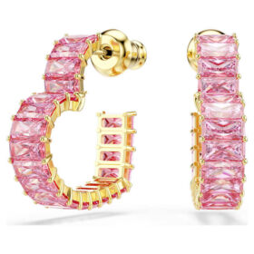 Brincos de argola Matrix com corte baguete, em forma de coração, pequenos, cor-de-rosa, banhados a dourado