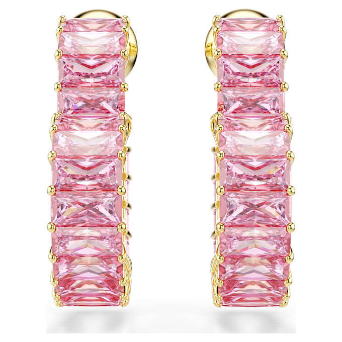 Brincos de argola Matrix com corte baguete, em forma de coração, pequenos, cor-de-rosa, banhados a dourado Brincos de argola Matrix com corte baguete, em forma de coração, pequenos, cor-de-rosa, banhados a dourado
