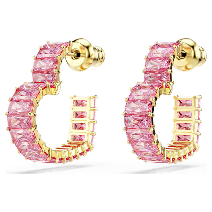 Brincos de argola Matrix com corte baguete, em forma de coração, pequenos, cor-de-rosa, banhados a dourado Brincos de argola Matrix com corte baguete, em forma de coração, pequenos, cor-de-rosa, banhados a dourado
