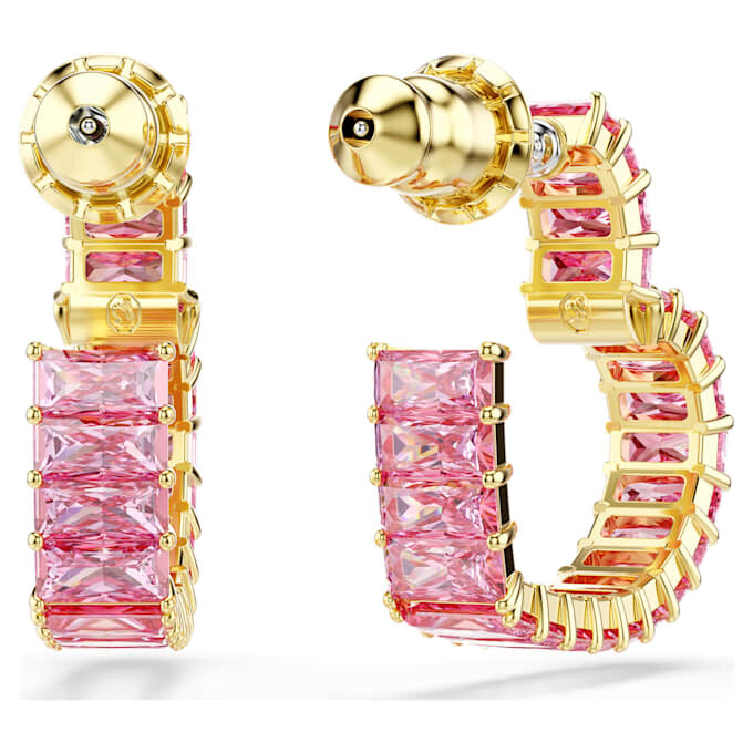 Brincos de argola Matrix com corte baguete, em forma de coração, pequenos, cor-de-rosa, banhados a dourado Brincos de argola Matrix com corte baguete, em forma de coração, pequenos, cor-de-rosa, banhados a dourado