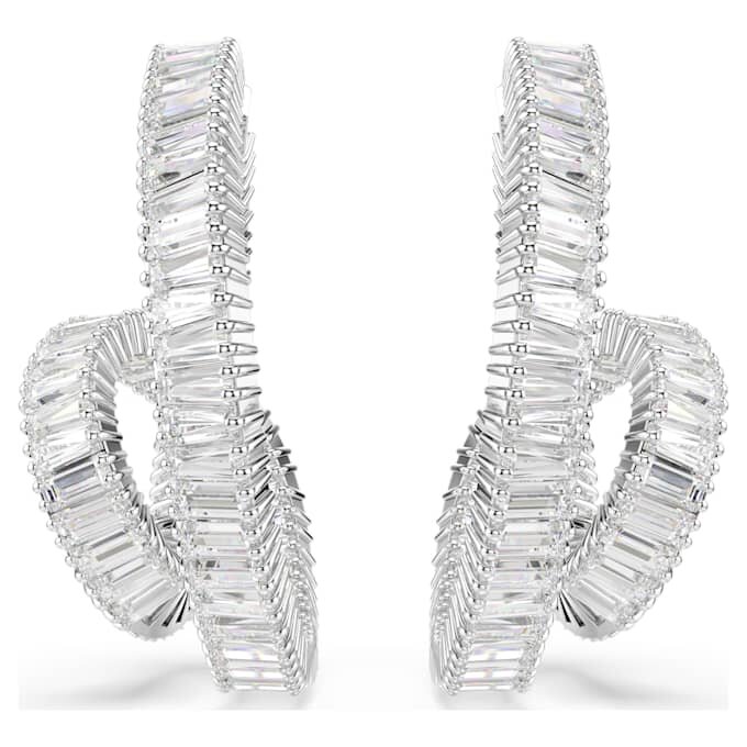 Brincos de argola Matrix com corte baguete, fita, brancos, banhados a ródio Brincos de argola Matrix com corte baguete, fita, brancos, banhados a ródio
