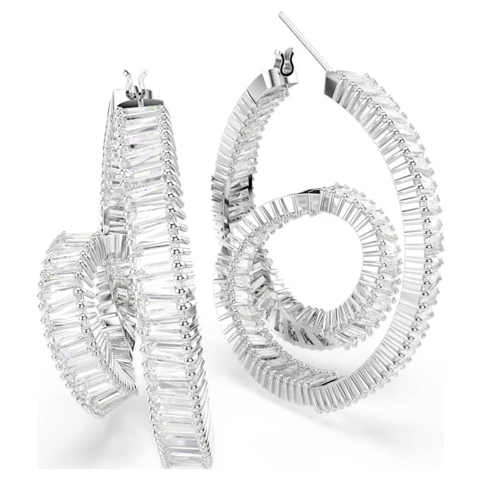 Brincos de argola Matrix com corte baguete, fita, brancos, banhados a ródio Brincos de argola Matrix com corte baguete, fita, brancos, banhados a ródio