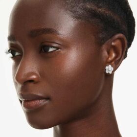 Brincos de botão Ariana Grande X Swarovski com pérola de cristal, corte redondo, flor, branco, banhados a ródio