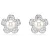 Brincos de botão Ariana Grande X Swarovski com pérola de cristal, corte redondo, flor, branco, banhados a ródio Brincos de botão Ariana Grande X Swarovski com pérola de cristal, corte redondo, flor, branco, banhados a ródio