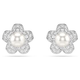 Brincos de botão Ariana Grande X Swarovski com pérola de cristal, corte redondo, flor, branco, banhados a ródio