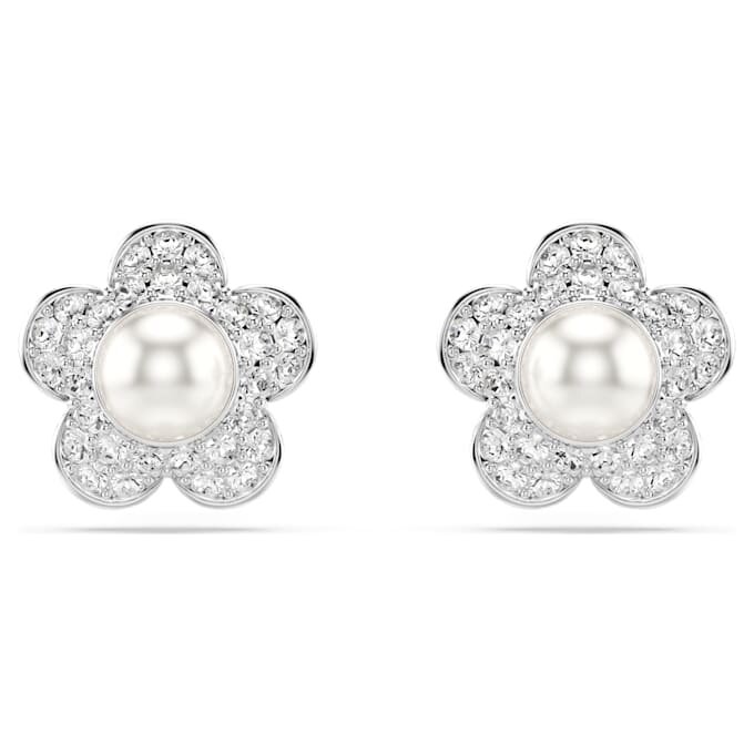 Brincos de botão Ariana Grande X Swarovski com pérola de cristal, corte redondo, flor, branco, banhados a ródio Brincos de botão Ariana Grande X Swarovski com pérola de cristal, corte redondo, flor, branco, banhados a ródio