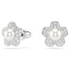 Brincos de botão Ariana Grande X Swarovski com pérola de cristal, corte redondo, flor, branco, banhados a ródio Brincos de botão Ariana Grande X Swarovski com pérola de cristal, corte redondo, flor, branco, banhados a ródio