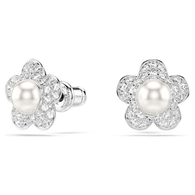 Brincos de botão Ariana Grande X Swarovski com pérola de cristal, corte redondo, flor, branco, banhados a ródio Brincos de botão Ariana Grande X Swarovski com pérola de cristal, corte redondo, flor, branco, banhados a ródio