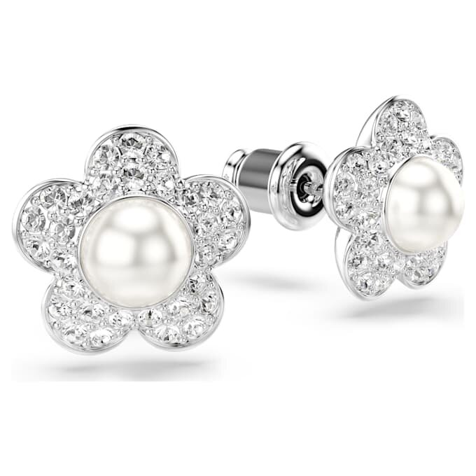 Brincos de botão Ariana Grande X Swarovski com pérola de cristal, corte redondo, flor, branco, banhados a ródio Brincos de botão Ariana Grande X Swarovski com pérola de cristal, corte redondo, flor, branco, banhados a ródio
