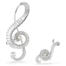 Brincos de clipe Ariana Grande X Swarovski, design assimétrico, pérola de cristal, corte baguete, branco, banhados a ródio