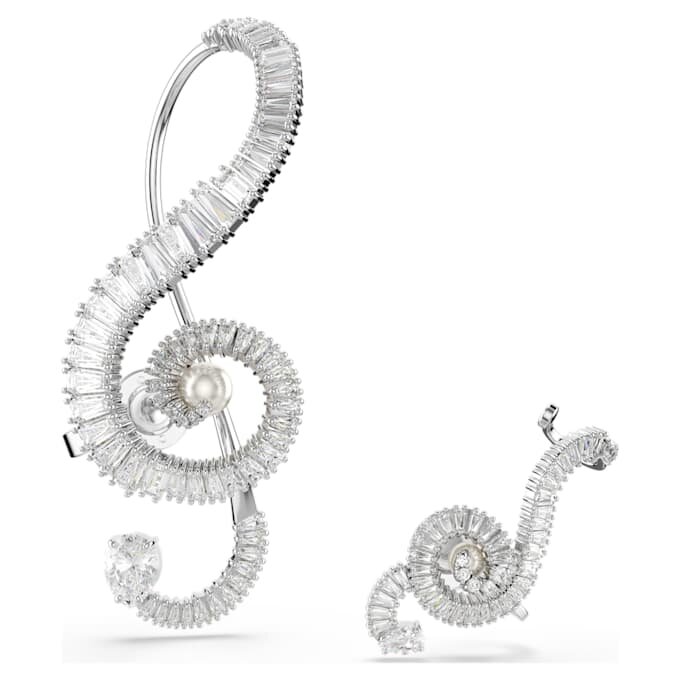 Brincos de clipe Ariana Grande X Swarovski, design assimétrico, pérola de cristal, corte baguete, branco, banhados a ródio Brincos de clipe Ariana Grande X Swarovski, design assimétrico, pérola de cristal, corte baguete, branco, banhados a ródio