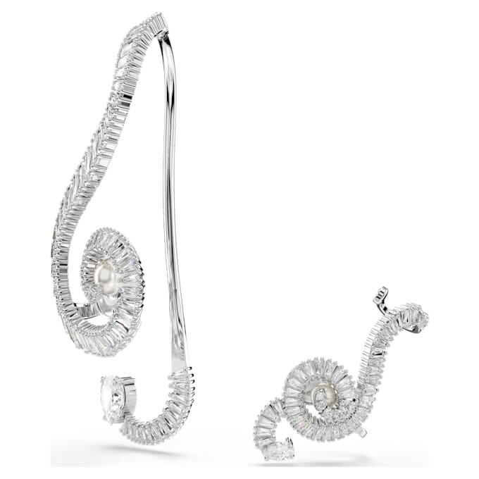 Brincos de clipe Ariana Grande X Swarovski, design assimétrico, pérola de cristal, corte baguete, branco, banhados a ródio Brincos de clipe Ariana Grande X Swarovski, design assimétrico, pérola de cristal, corte baguete, branco, banhados a ródio