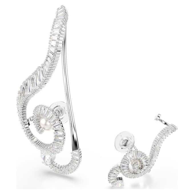 Brincos de clipe Ariana Grande X Swarovski, design assimétrico, pérola de cristal, corte baguete, branco, banhados a ródio Brincos de clipe Ariana Grande X Swarovski, design assimétrico, pérola de cristal, corte baguete, branco, banhados a ródio