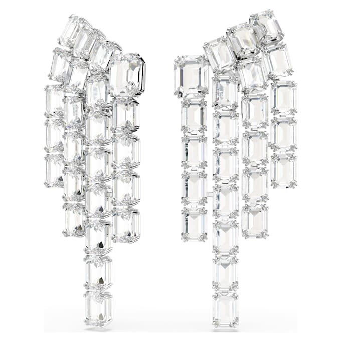 Brincos de clipe Millenia com corte octogonal, estilo candelabro, brancos, banhados a ródio Brincos de clipe Millenia com corte octogonal, estilo candelabro, brancos, banhados a ródio