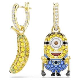 Brincos de pendente com os Minions Stuart e Banana, pavé, mini, multicoloridos, banhados a dourado