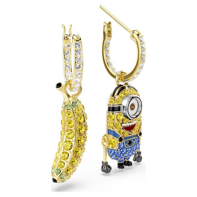 Brincos de pendente com os Minions Stuart e Banana, pavé, mini, multicoloridos, banhados a dourado Brincos de pendente com os Minions Stuart e Banana, pavé, mini, multicoloridos, banhados a dourado