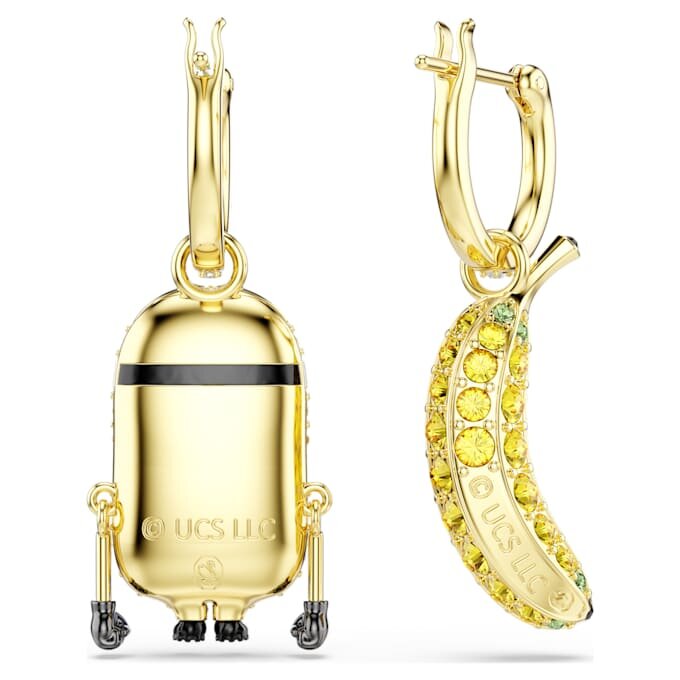 Brincos de pendente com os Minions Stuart e Banana, pavé, mini, multicoloridos, banhados a dourado Brincos de pendente com os Minions Stuart e Banana, pavé, mini, multicoloridos, banhados a dourado