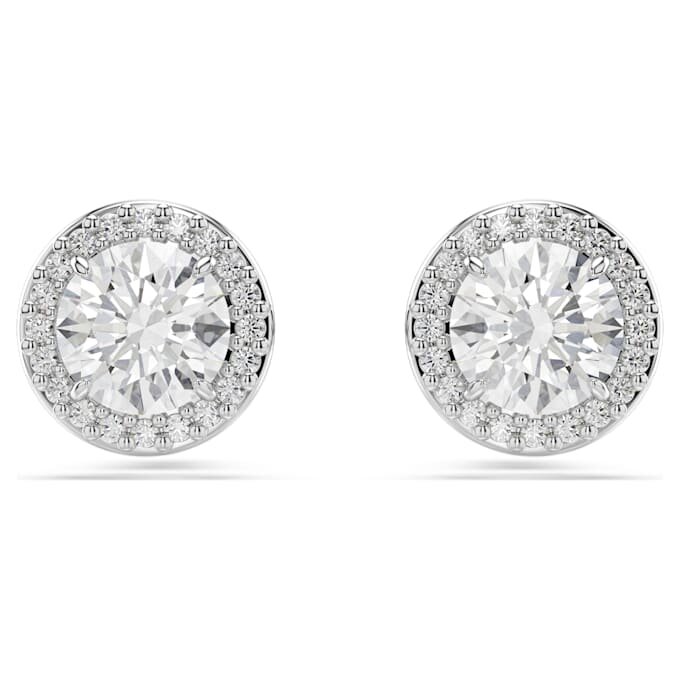 Brincos de pino Una Angelic, corte redondo, pavé, brancos, banhados a ródio Brincos de pino Una Angelic, corte redondo, pavé, brancos, banhados a ródio