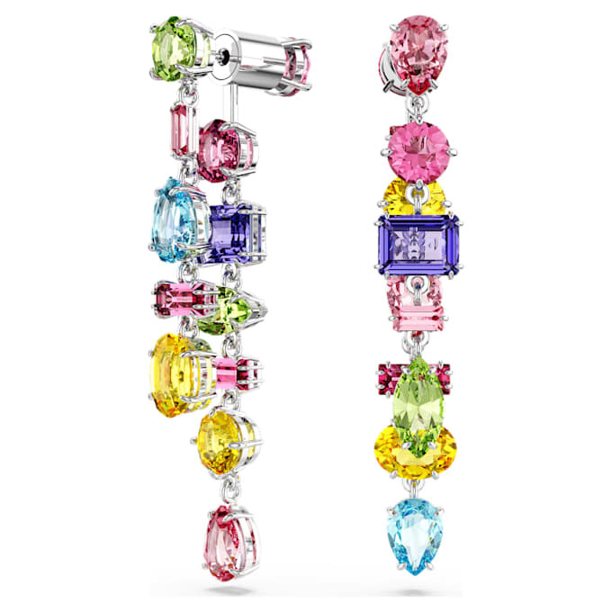 Brincos Gema com design assimétrico, cortes mistos, compridos, multicoloridos, banhados a ródio Brincos Gema com design assimétrico, cortes mistos, compridos, multicoloridos, banhados a ródio