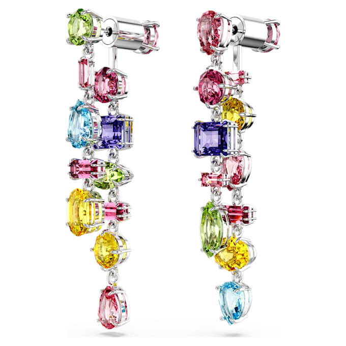 Brincos Gema com design assimétrico, cortes mistos, compridos, multicoloridos, banhados a ródio Brincos Gema com design assimétrico, cortes mistos, compridos, multicoloridos, banhados a ródio