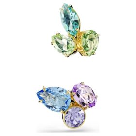Brincos Gema com design assimétrico, cortes mistos, multicoloridos e banhados a dourado