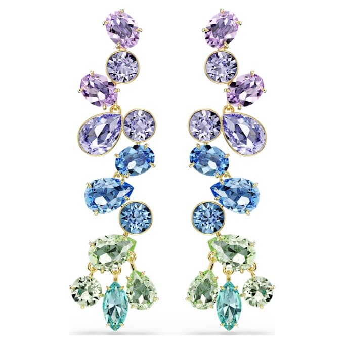 Brincos Gema Drop com cortes mistos, estilo candelabro, compridos, multicoloridos, banhados a dourado Brincos Gema Drop com cortes mistos, estilo candelabro, compridos, multicoloridos, banhados a dourado