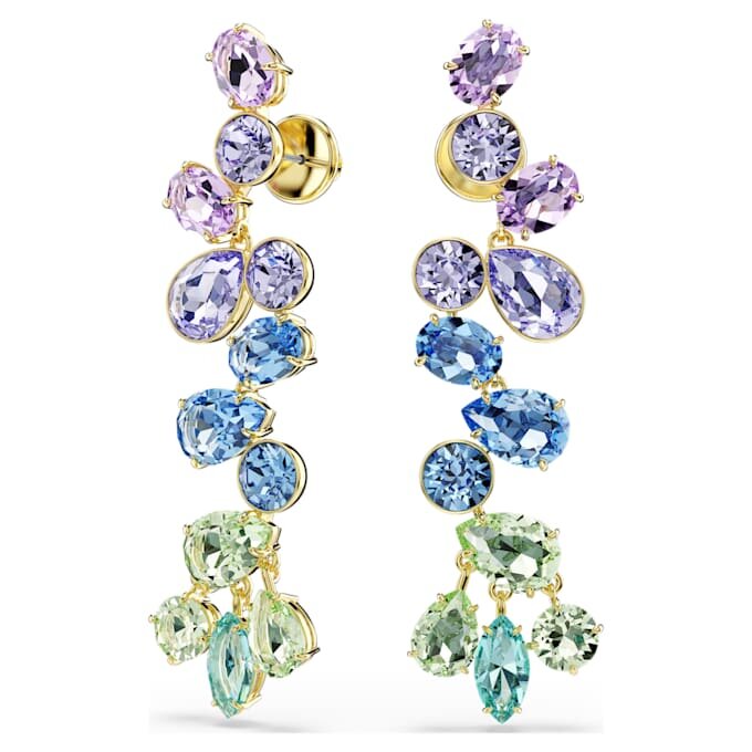 Brincos Gema Drop com cortes mistos, estilo candelabro, compridos, multicoloridos, banhados a dourado Brincos Gema Drop com cortes mistos, estilo candelabro, compridos, multicoloridos, banhados a dourado