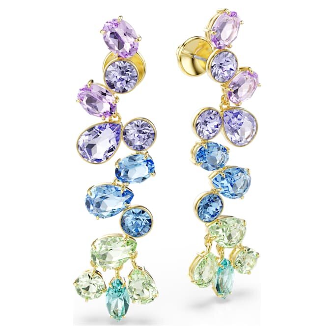 Brincos Gema Drop com cortes mistos, estilo candelabro, compridos, multicoloridos, banhados a dourado Brincos Gema Drop com cortes mistos, estilo candelabro, compridos, multicoloridos, banhados a dourado