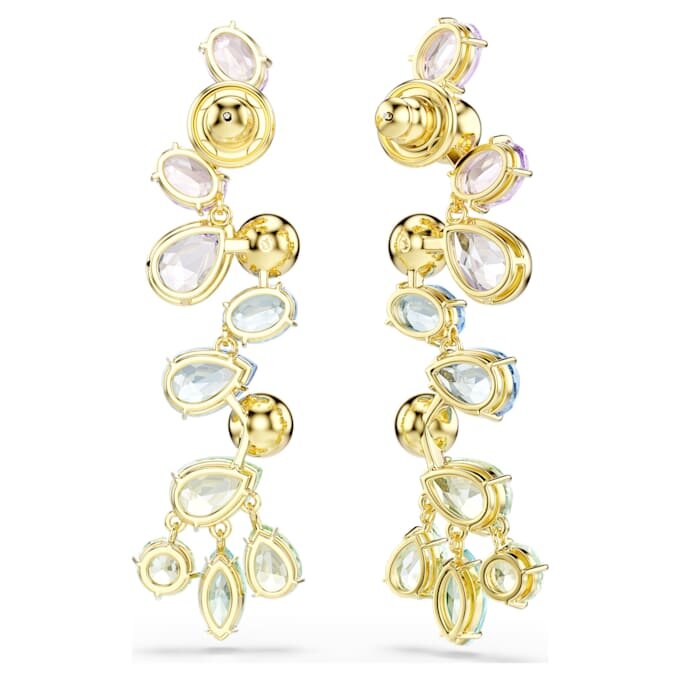 Brincos Gema Drop com cortes mistos, estilo candelabro, compridos, multicoloridos, banhados a dourado Brincos Gema Drop com cortes mistos, estilo candelabro, compridos, multicoloridos, banhados a dourado