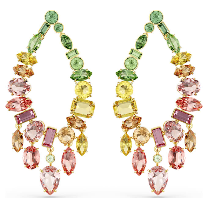 Brincos Gema Drop com cortes mistos, estilo candelabro, multicoloridos, banhados a ouro Brincos Gema Drop com cortes mistos, estilo candelabro, multicoloridos, banhados a ouro